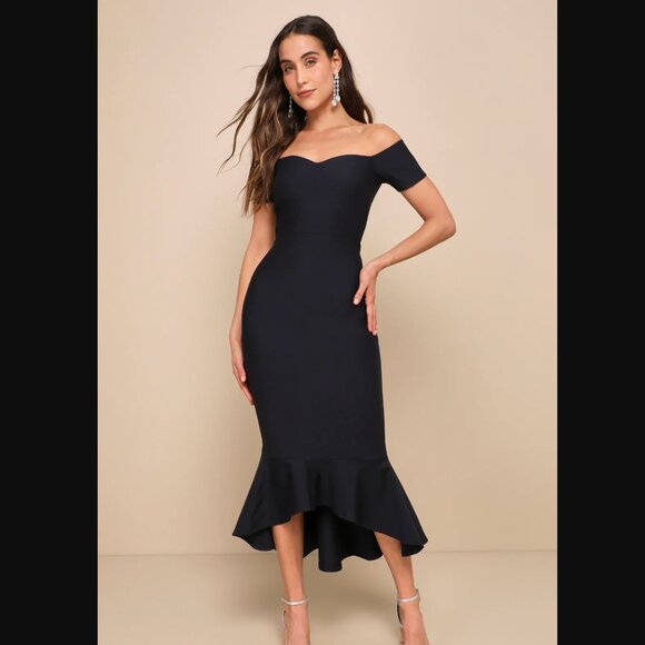 Midnight Blue Off-the-Shoulder Midi Dress - Picture 1 of 14